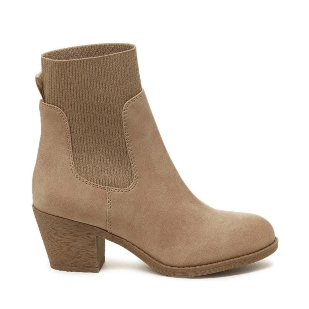 Violet & Red Loaded Knit Cuff Bootie Block Heel Faux Suede Tan Womens Size US 7
